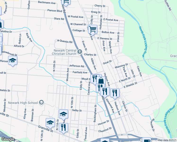 map of restaurants, bars, coffee shops, grocery stores, and more near 505 Ohio 13 in Newark