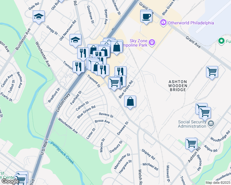 map of restaurants, bars, coffee shops, grocery stores, and more near 2423 Welsh Road in Philadelphia