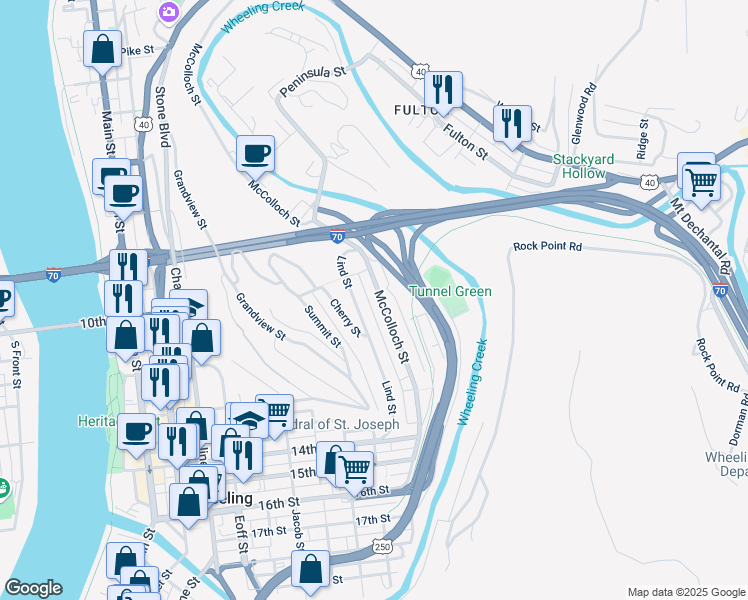 map of restaurants, bars, coffee shops, grocery stores, and more near 1047 McColloch St in Wheeling