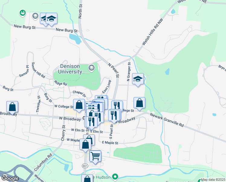 map of restaurants, bars, coffee shops, grocery stores, and more near 331 N Pearl St in Granville