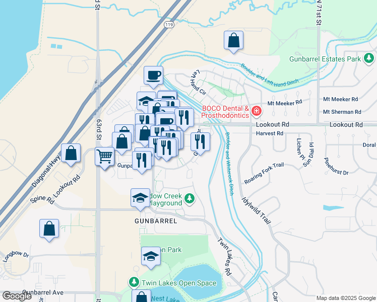 map of restaurants, bars, coffee shops, grocery stores, and more near 6590 Finley Place in Boulder