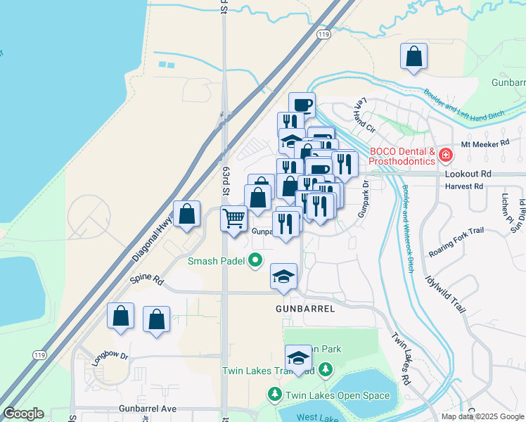 map of restaurants, bars, coffee shops, grocery stores, and more near 6400 Lookout Road in Boulder