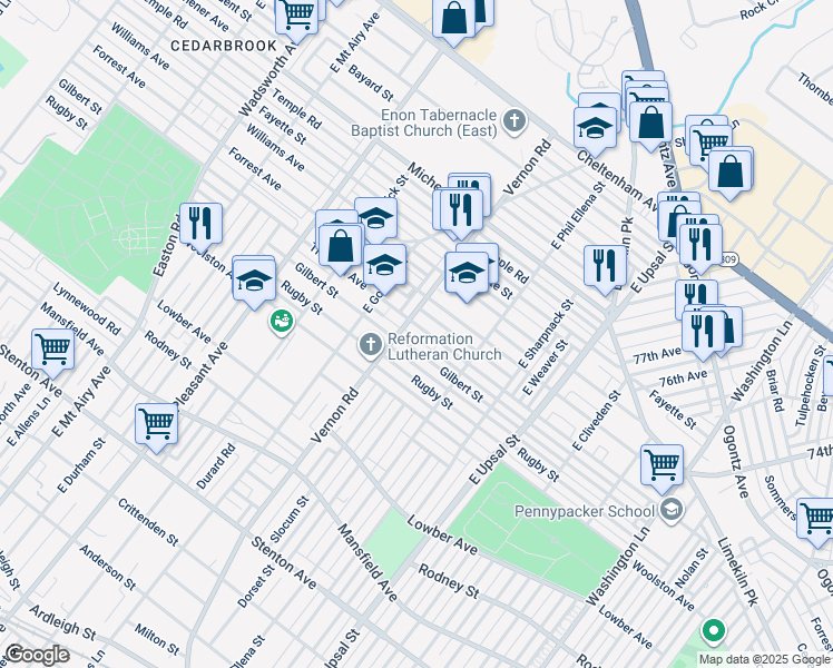 map of restaurants, bars, coffee shops, grocery stores, and more near 7962 Thouron Avenue in Philadelphia