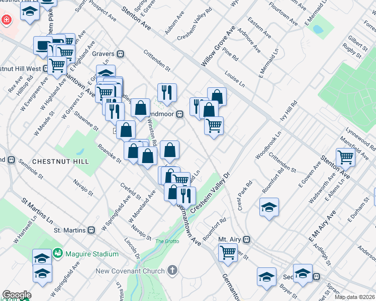 map of restaurants, bars, coffee shops, grocery stores, and more near 125 East Moreland Avenue in Philadelphia