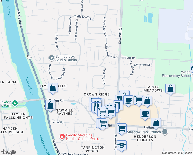 map of restaurants, bars, coffee shops, grocery stores, and more near 5714 Empress Lane in Columbus