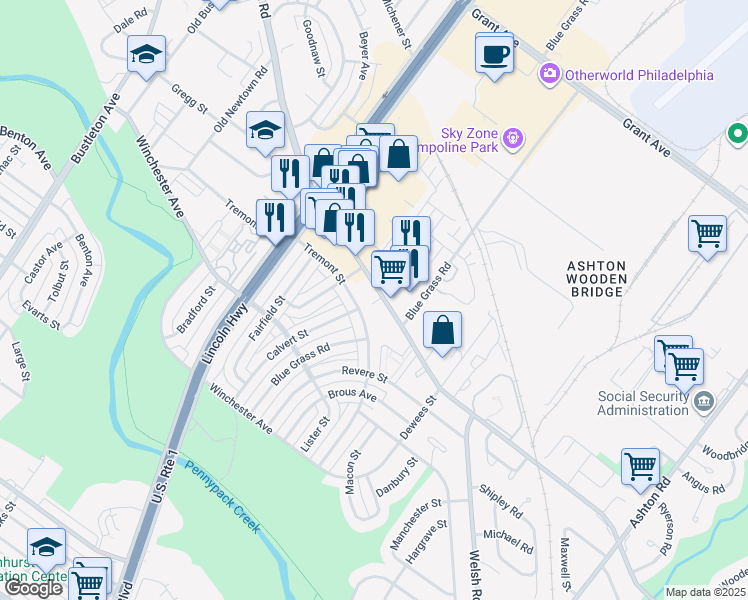 map of restaurants, bars, coffee shops, grocery stores, and more near 7801 Roosevelt Boulevard in Philadelphia