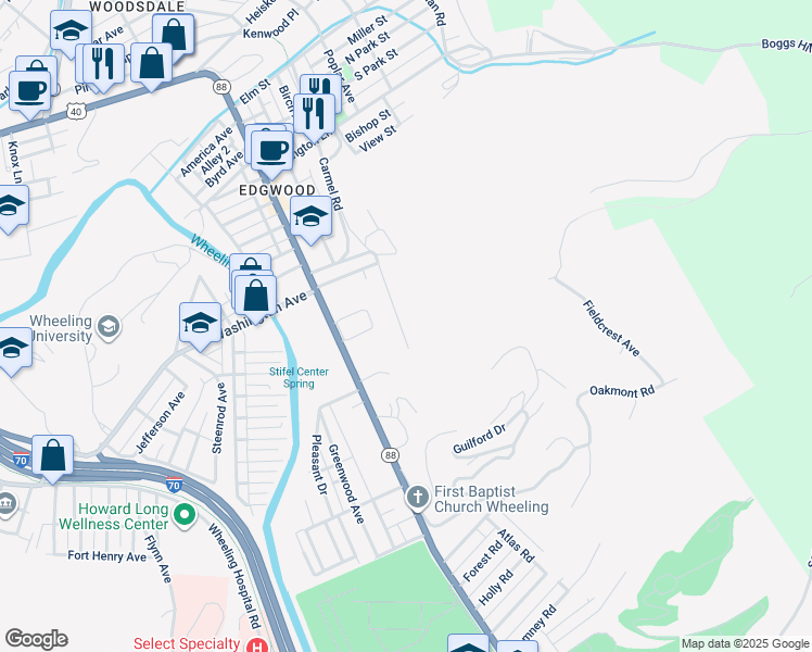 map of restaurants, bars, coffee shops, grocery stores, and more near 222 Carmel Road in Wheeling