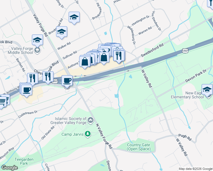 map of restaurants, bars, coffee shops, grocery stores, and more near 164 Old Forge Crossing in Devon