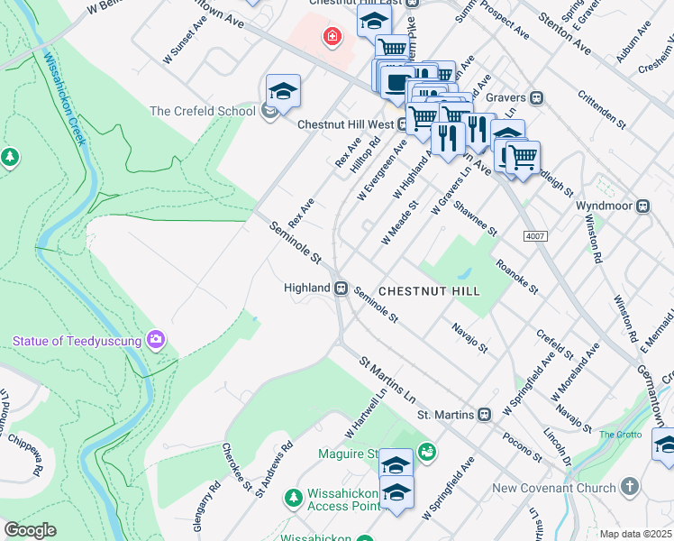 map of restaurants, bars, coffee shops, grocery stores, and more near 8500 Seminole Street in Philadelphia