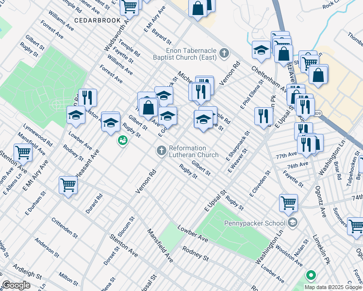 map of restaurants, bars, coffee shops, grocery stores, and more near 7962 Thouron Avenue in Philadelphia