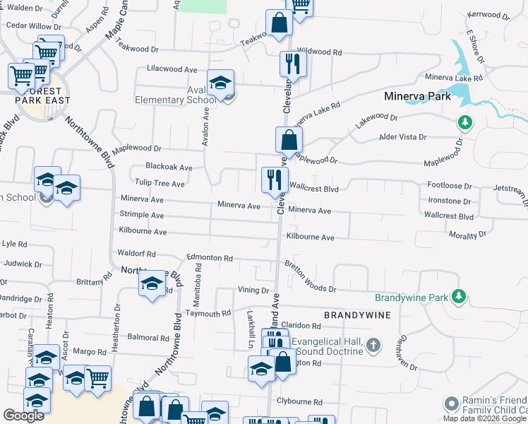 map of restaurants, bars, coffee shops, grocery stores, and more near 2601 Minerva Avenue in Columbus