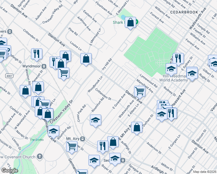 map of restaurants, bars, coffee shops, grocery stores, and more near 511 Roumfort Road in Philadelphia
