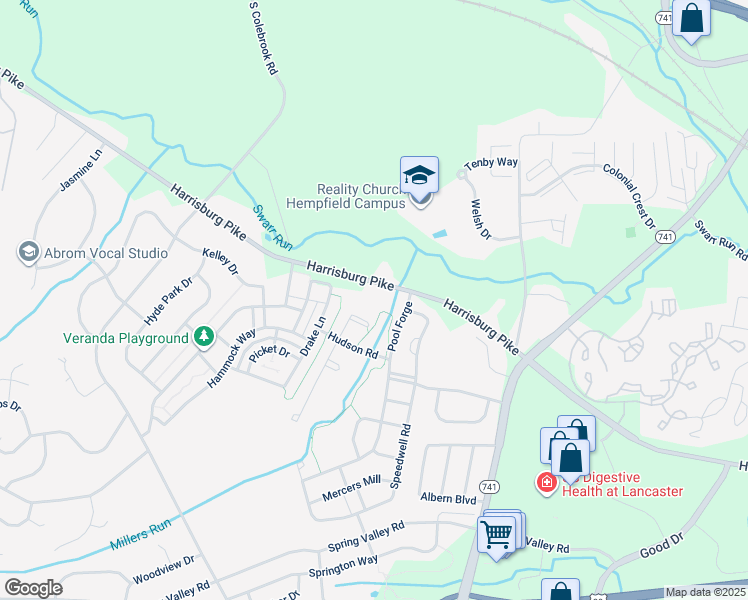 map of restaurants, bars, coffee shops, grocery stores, and more near 2348 Harrisburg Pike in Lancaster