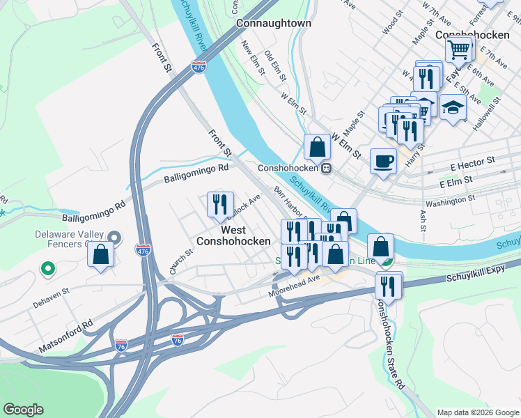 map of restaurants, bars, coffee shops, grocery stores, and more near 160 Merion Avenue in Conshohocken