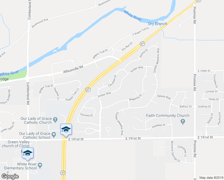 map of restaurants, bars, coffee shops, grocery stores, and more near 19453 Amber Way in Noblesville