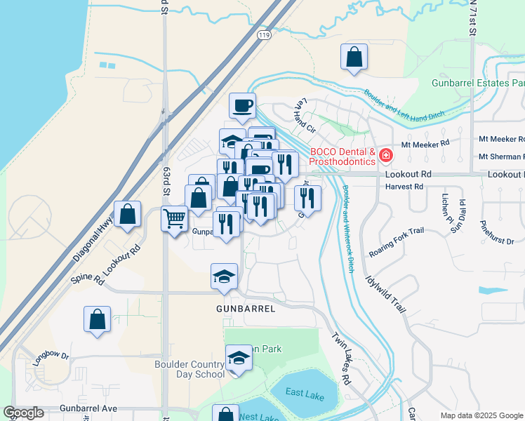 map of restaurants, bars, coffee shops, grocery stores, and more near 6565 Gunpark Drive in Boulder