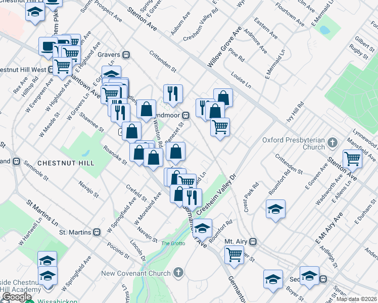 map of restaurants, bars, coffee shops, grocery stores, and more near 125 East Moreland Avenue in Philadelphia