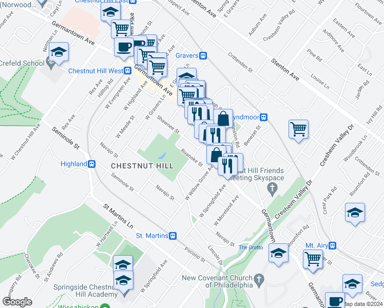 map of restaurants, bars, coffee shops, grocery stores, and more near 8103 Roanoke Street in Philadelphia