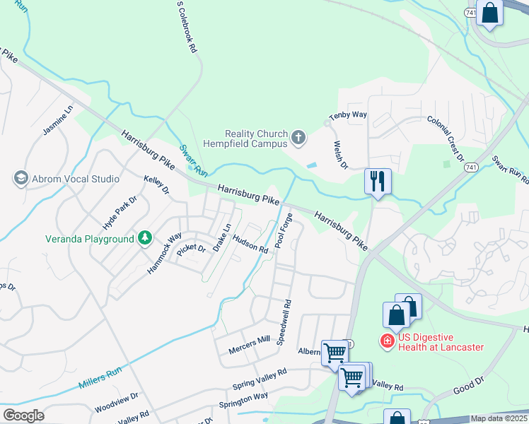 map of restaurants, bars, coffee shops, grocery stores, and more near 2348 Harrisburg Pike in Lancaster