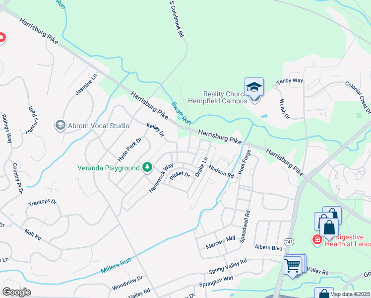 map of restaurants, bars, coffee shops, grocery stores, and more near 1300 Veranda Way in Lancaster