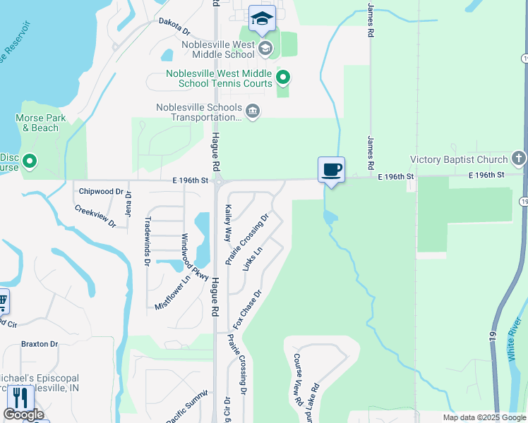 map of restaurants, bars, coffee shops, grocery stores, and more near 19539 Prairie Crossing Drive in Noblesville