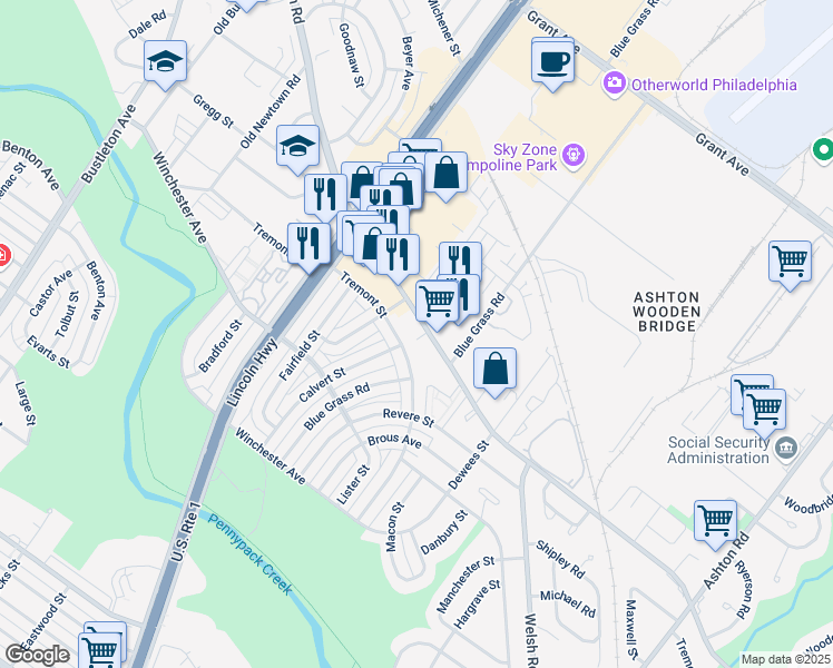 map of restaurants, bars, coffee shops, grocery stores, and more near 2621 Tremont Street in Philadelphia