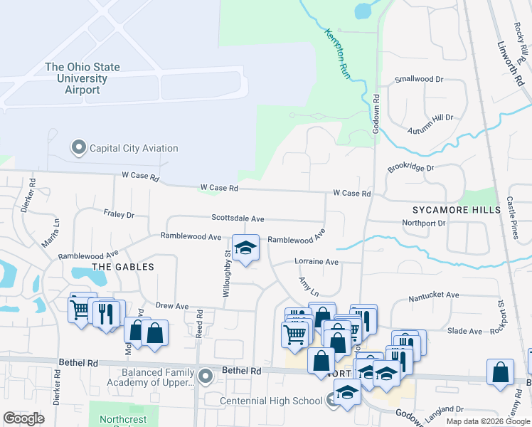map of restaurants, bars, coffee shops, grocery stores, and more near 1638 Scottsdale Avenue in Columbus