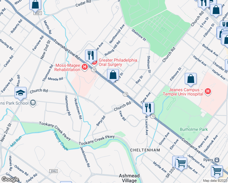 map of restaurants, bars, coffee shops, grocery stores, and more near 26 Township Line Road in Elkins Park