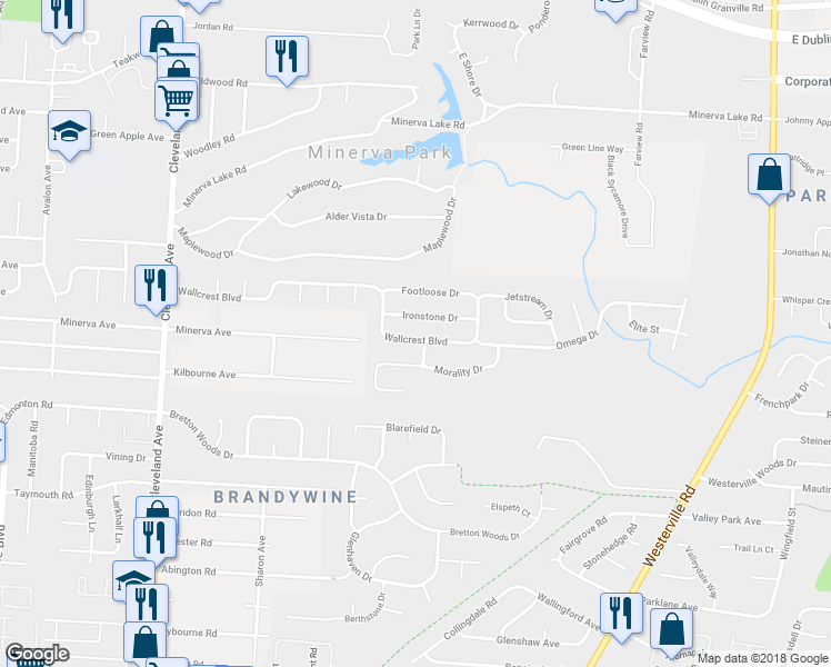 map of restaurants, bars, coffee shops, grocery stores, and more near 2984 Wallcrest Boulevard in Columbus