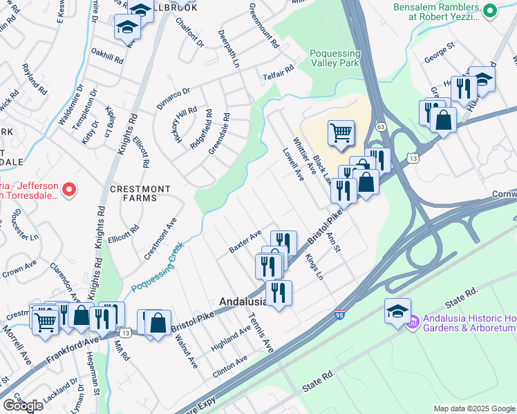 map of restaurants, bars, coffee shops, grocery stores, and more near 1142 Poquessing Avenue in Bensalem