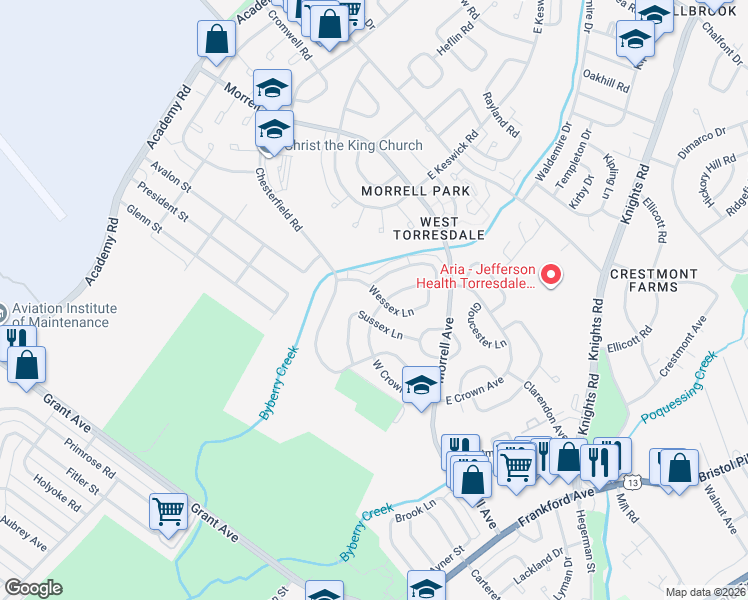 map of restaurants, bars, coffee shops, grocery stores, and more near 3603 Wessex Lane in Philadelphia