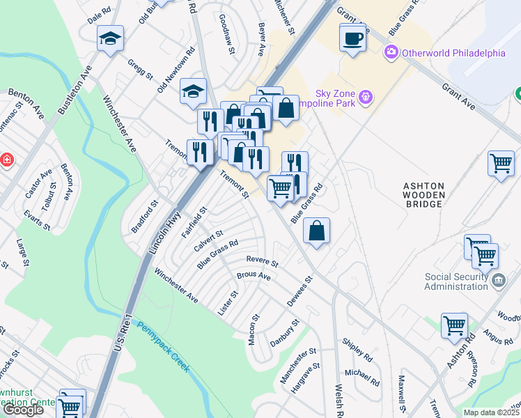 map of restaurants, bars, coffee shops, grocery stores, and more near 2621 Tremont Street in Philadelphia