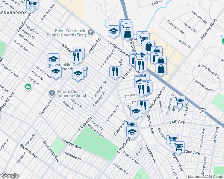 map of restaurants, bars, coffee shops, grocery stores, and more near 7701 Fayette Street in Philadelphia