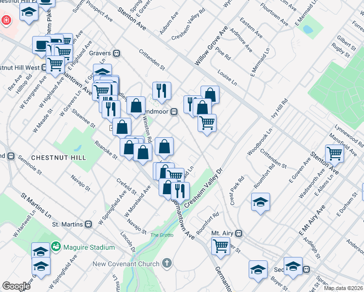 map of restaurants, bars, coffee shops, grocery stores, and more near 125 East Moreland Avenue in Philadelphia