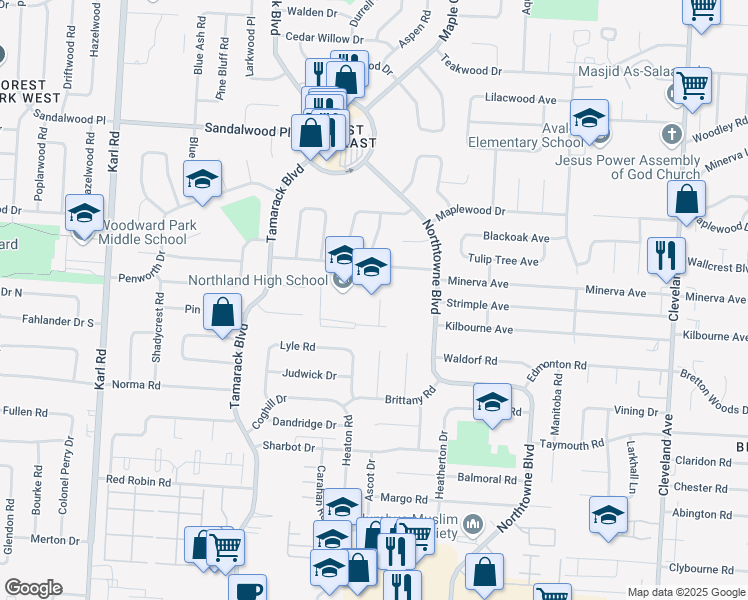 map of restaurants, bars, coffee shops, grocery stores, and more near 1919 Northcliff Drive in Columbus