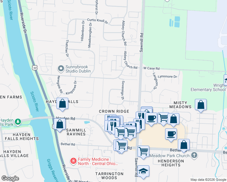 map of restaurants, bars, coffee shops, grocery stores, and more near 5714 Empress Lane in Columbus