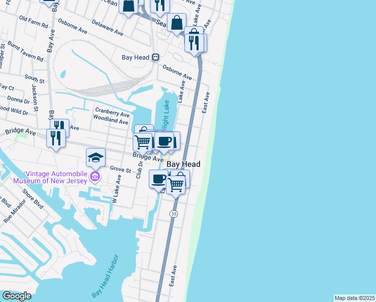 map of restaurants, bars, coffee shops, grocery stores, and more near 406 East Avenue in Bay Head