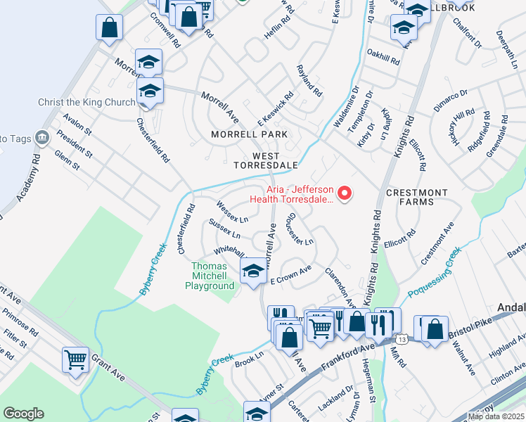 map of restaurants, bars, coffee shops, grocery stores, and more near 3515 Wessex Lane in Philadelphia