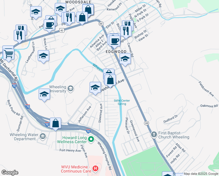 map of restaurants, bars, coffee shops, grocery stores, and more near 37 West Washington Avenue in Wheeling