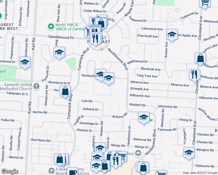 map of restaurants, bars, coffee shops, grocery stores, and more near 1919 Northcliff Drive in Columbus