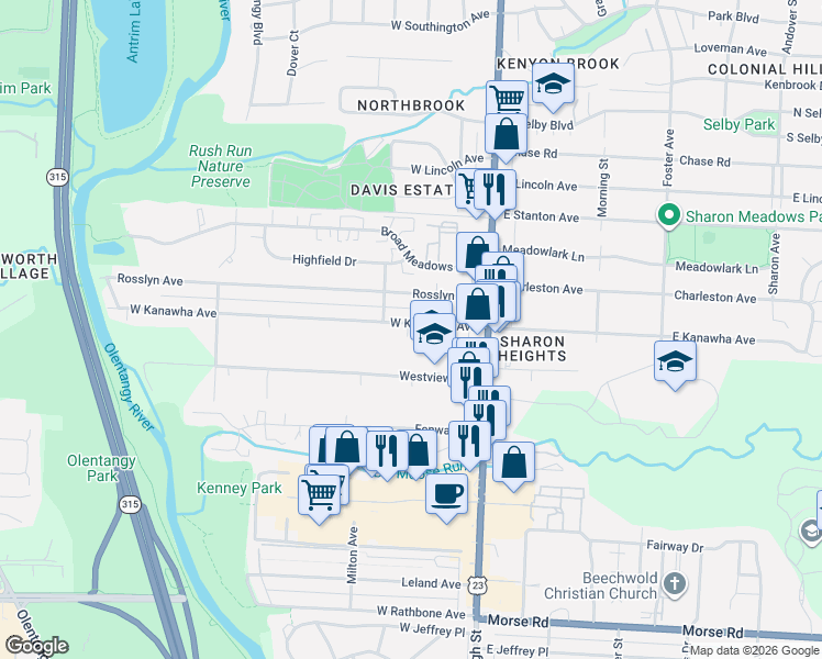 map of restaurants, bars, coffee shops, grocery stores, and more near 107 West Kanawha Avenue in Columbus