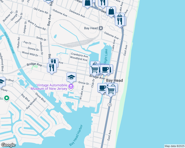 map of restaurants, bars, coffee shops, grocery stores, and more near 96 Bridge Avenue in Bay Head