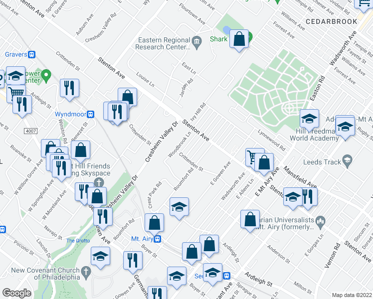 map of restaurants, bars, coffee shops, grocery stores, and more near 505 E Murdoch Rd in Philadelphia