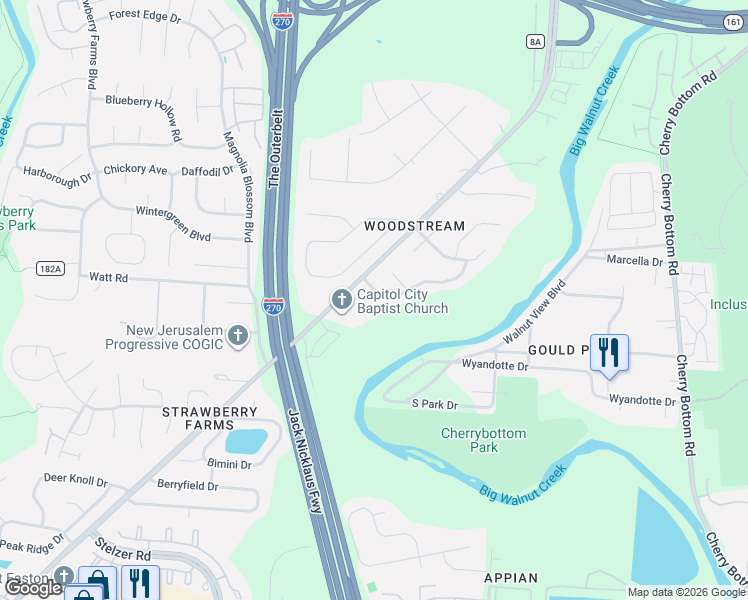 map of restaurants, bars, coffee shops, grocery stores, and more near 4780 Big Walnutview Court in Columbus