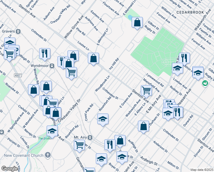 map of restaurants, bars, coffee shops, grocery stores, and more near 505 E Murdoch Rd in Philadelphia