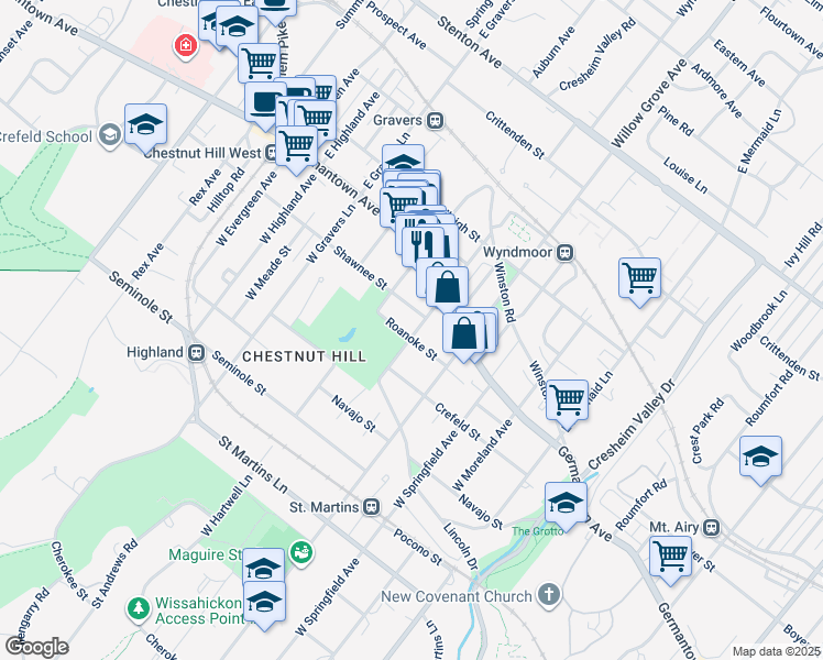 map of restaurants, bars, coffee shops, grocery stores, and more near 8103 Roanoke Street in Philadelphia