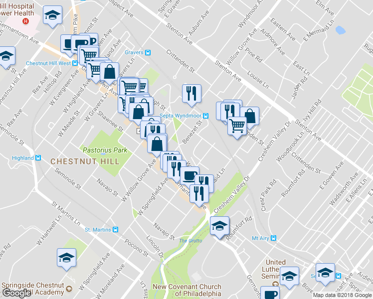 map of restaurants, bars, coffee shops, grocery stores, and more near 8031 Winston Road in Philadelphia