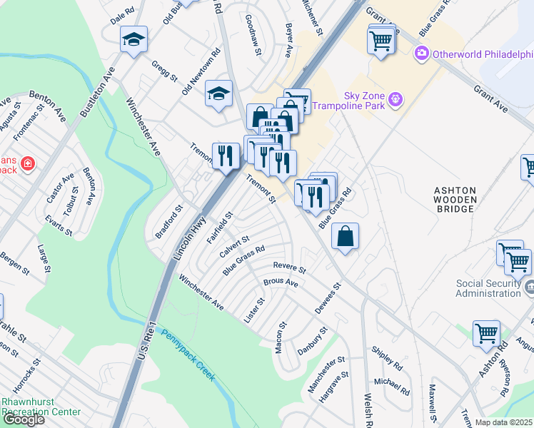 map of restaurants, bars, coffee shops, grocery stores, and more near 8947 Leonard Street in Philadelphia