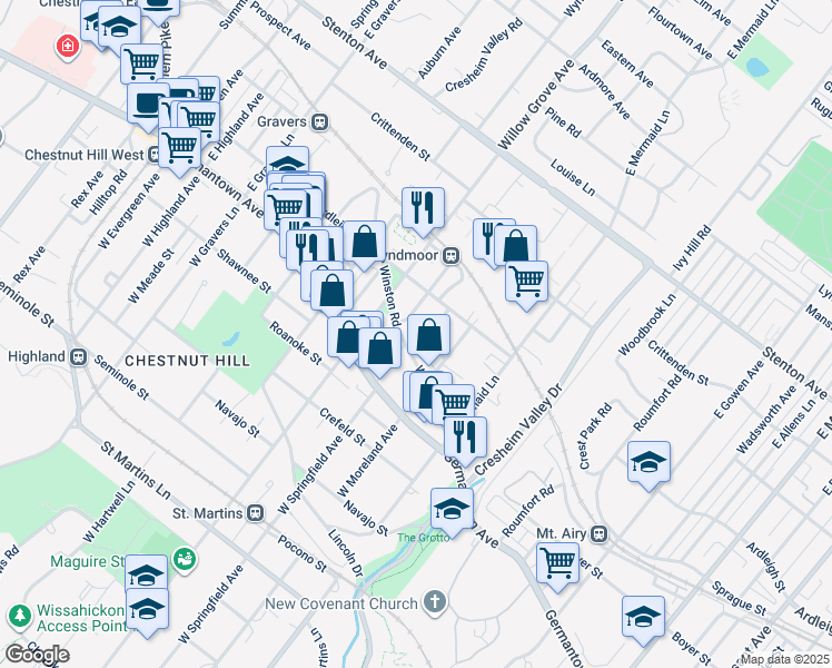 map of restaurants, bars, coffee shops, grocery stores, and more near 7821 Winston Road in Philadelphia