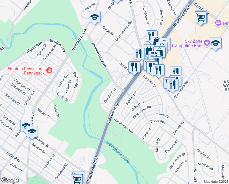 map of restaurants, bars, coffee shops, grocery stores, and more near 8841 Bradford Street in Philadelphia